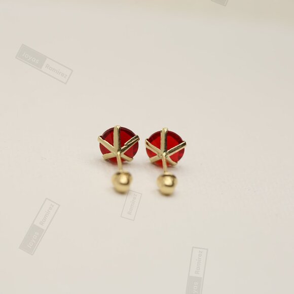 14K Solid Gold 6mm Ruby-Tone CZ Stud Earrings • Fine July Birthstone Jewelry. - Picture 3 of 6